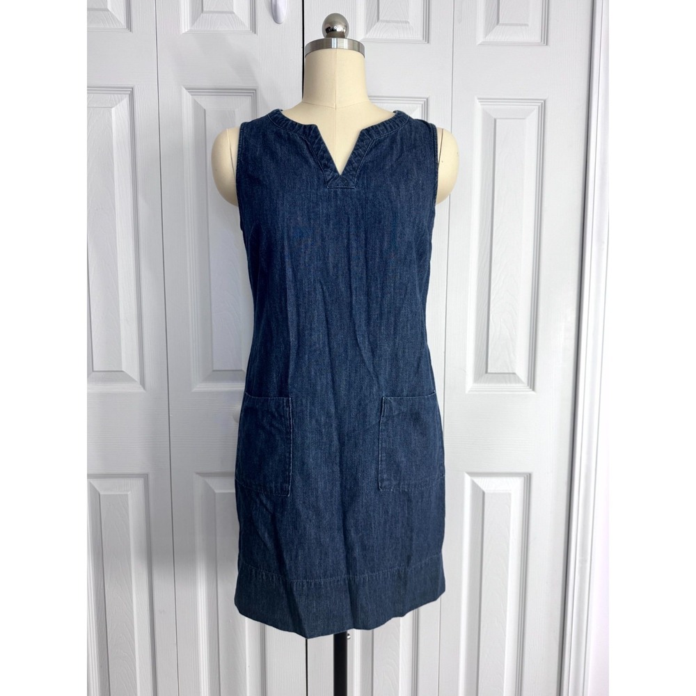 Boden Sleeveless V-Neck Shift Dress Women's 6R Dark Blue Denim Front Pockets